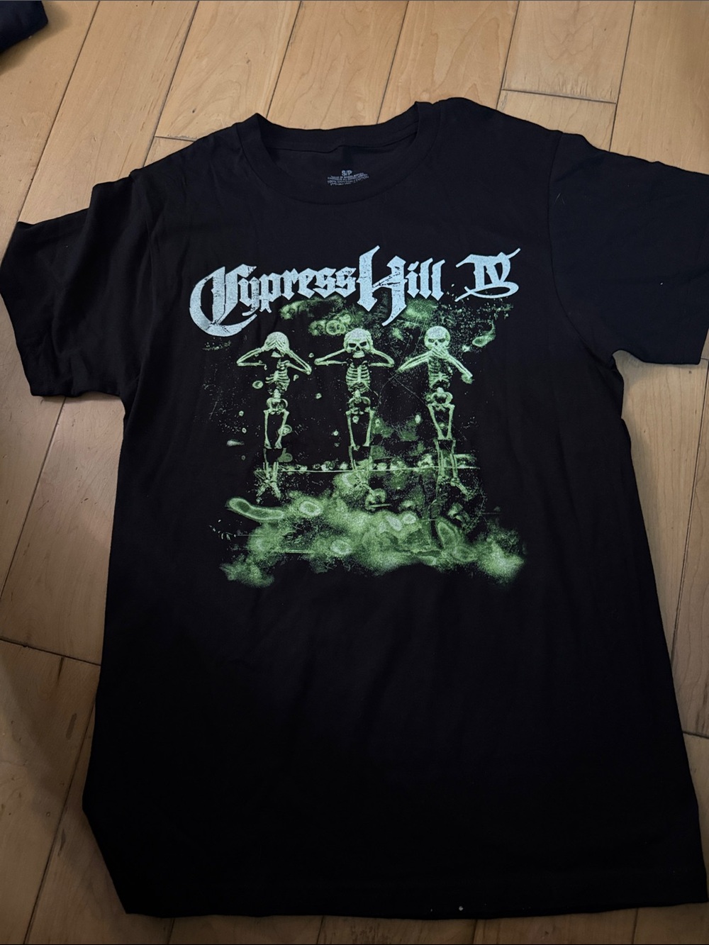 Black Short-Sleeve Tee with Green Skeleton Graphic